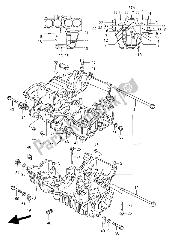 All parts for the Crankcase of the Suzuki GSX 750 1999