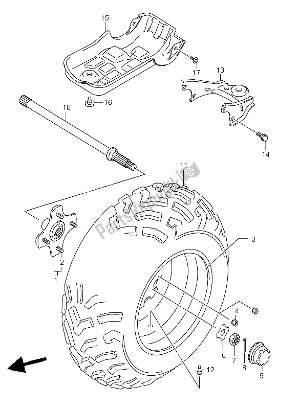 All parts for the Left Rear Wheel of the Suzuki LT A 500F Vinson 4X4 2006