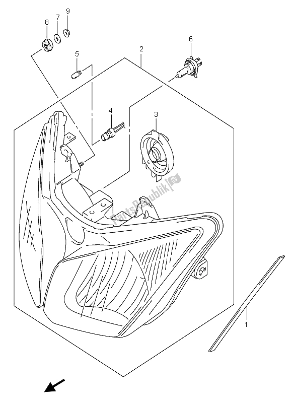 All parts for the Headlamp (e2) of the Suzuki DL 650 V Strom 2005