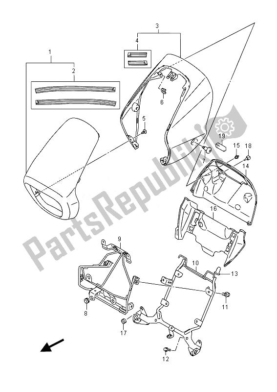 All parts for the Headlamp Cover (vzr1800z E19) of the Suzuki VZR 1800 M Intruder 2014