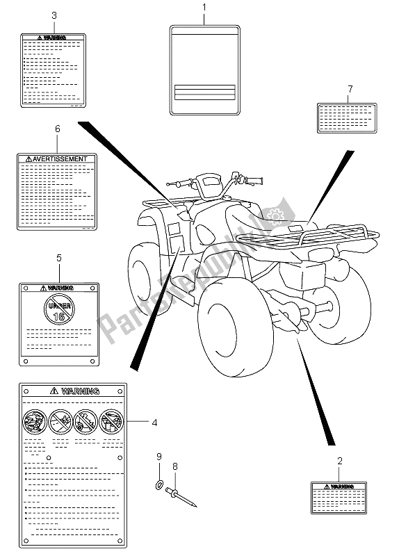 All parts for the Label of the Suzuki LT A 500F Vinson 4X4 2002