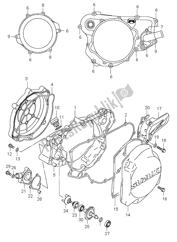 All parts for the Crankcase Cover & Water Pump of the Suzuki RM 125 2001