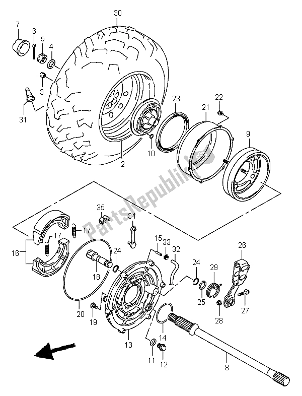 All parts for the Right Rear Wheel of the Suzuki LT A 400F Eiger 4X4 2004