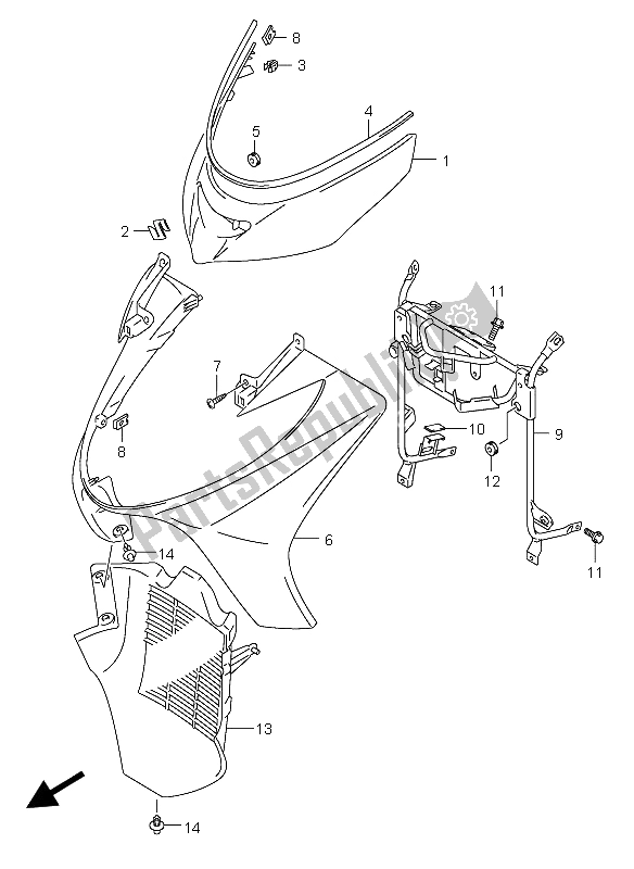 All parts for the Front Leg Shield of the Suzuki Burgman AN 400S 2005