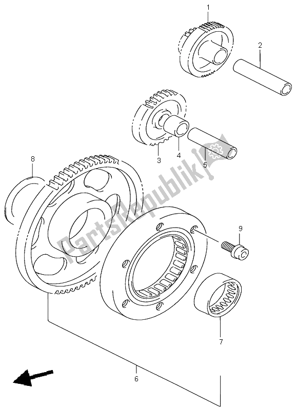 All parts for the Starter Clutch of the Suzuki LT A 500F Quadmaster 2001