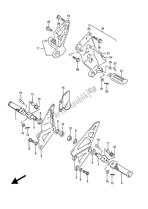 All parts for the Footrest of the Suzuki GSX R 750 1991