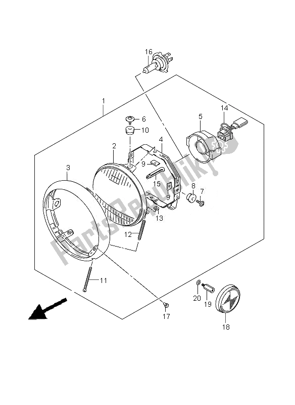 All parts for the Headlamp (e2) of the Suzuki VL 250 Intruder 2007