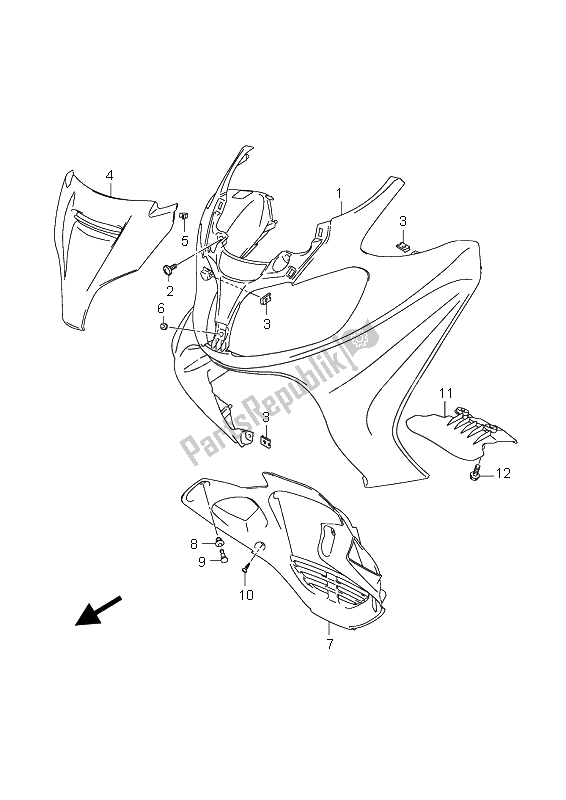 All parts for the Front Leg Shield (an650a) of the Suzuki AN 650A Burgman Executive 2006