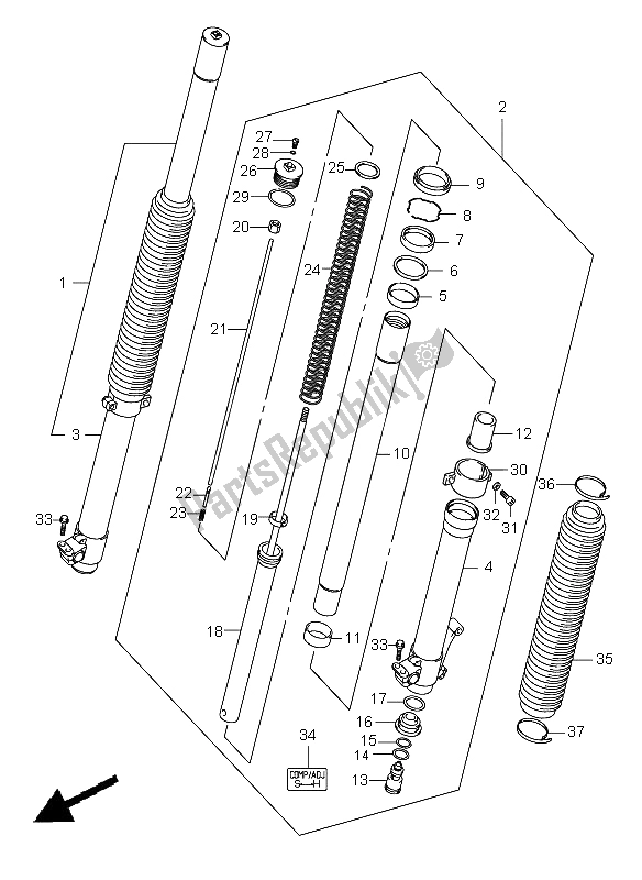 All parts for the Front Fork Damper of the Suzuki DR Z 400E 2009