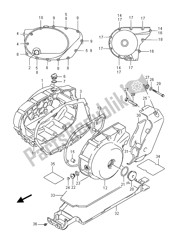 Alle onderdelen voor de Carterdeksel (vl800bue E19) van de Suzuki VL 800B Intruder 2014