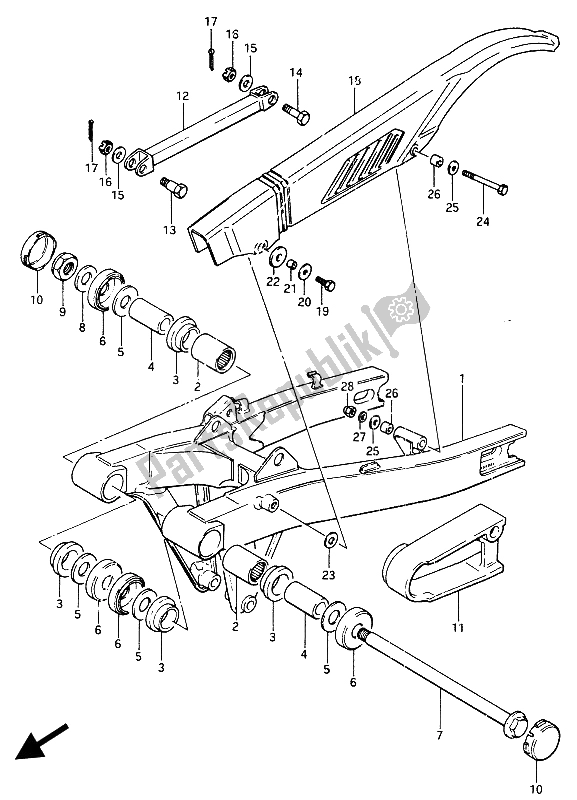 Alle onderdelen voor de Achterste Zwenkarm van de Suzuki GSX 750 Esefe 1985