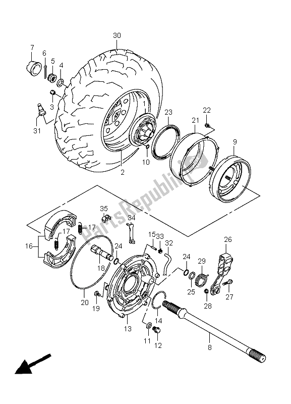 All parts for the Right Rear Wheel of the Suzuki LT A 400F Kingquad 4X4 2009