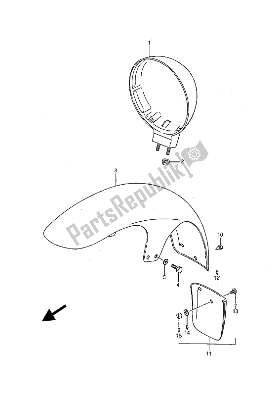 All parts for the Headlamp Housing & Front Fender (e15-e16-e24) of the Suzuki LS 650 FP Savage 1986