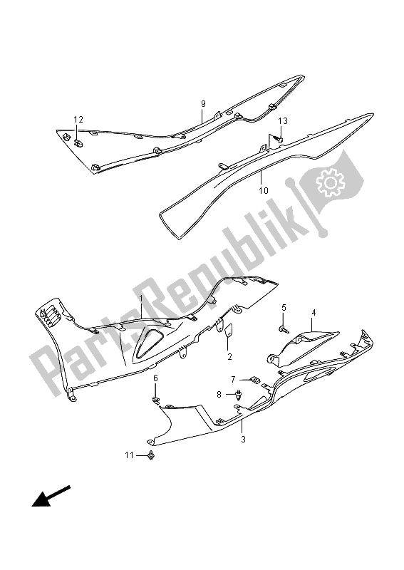 All parts for the Side Leg Shield (an400za E02) of the Suzuki Burgman AN 400 AZA 2015