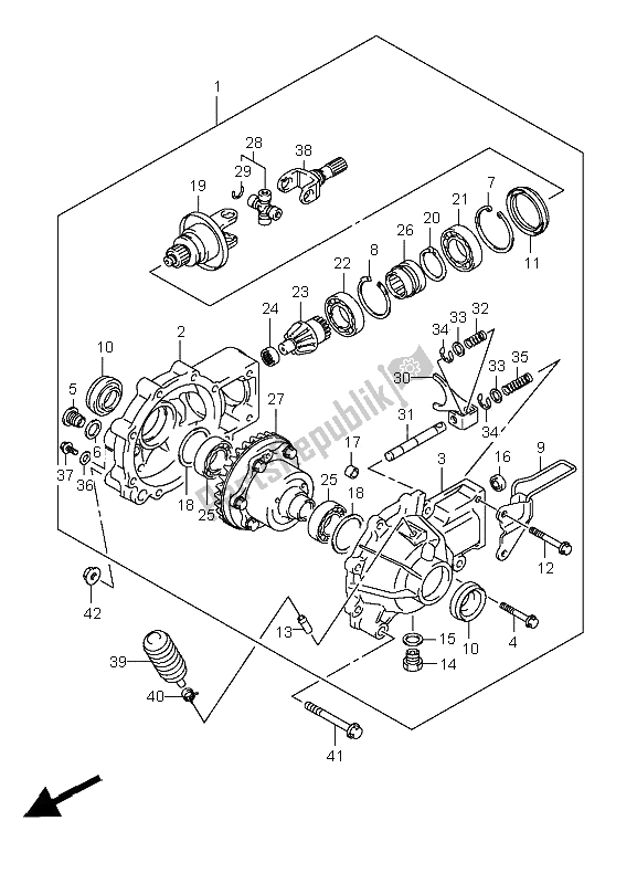 All parts for the Final Bevel Gear (front) of the Suzuki LT A 400F Kingquad 4X4 2008