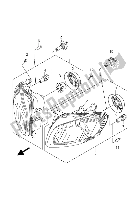 All parts for the Headlamp (e2) of the Suzuki AN 650A Burgman Executive 2006