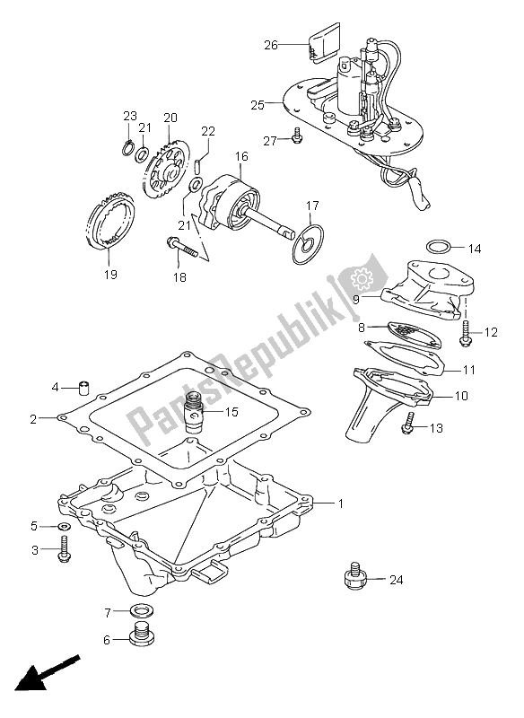 All parts for the Oil Pan & Oil Pump & Fuel Pump of the Suzuki GSX R 750 1996