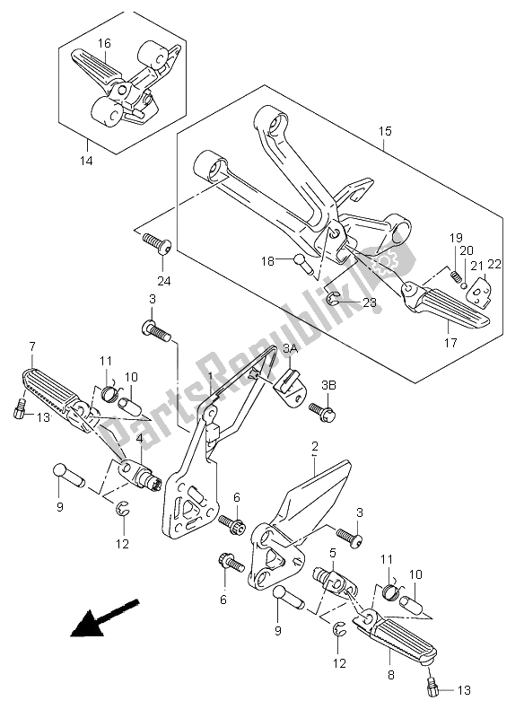 All parts for the Footrest (sv1000s-s1-s2) of the Suzuki SV 1000 NS 2003