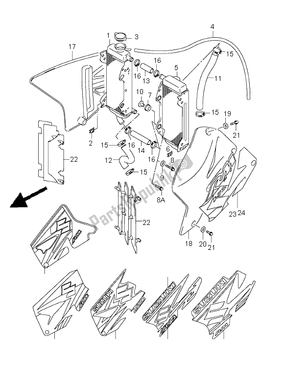 All parts for the Radiator of the Suzuki RM 125 2001