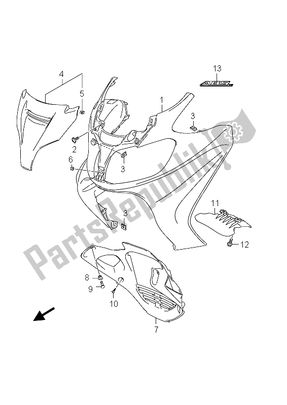 All parts for the Front Leg Shield of the Suzuki AN 650A Burgman Executive 2012