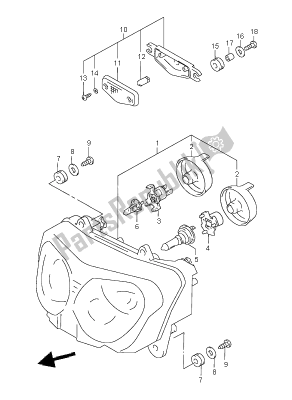 Alle onderdelen voor de Koplamp (e4-e17-e18-e22-e25-e34) van de Suzuki GSX 600F 1998