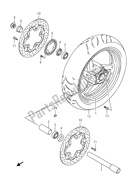 All parts for the Front Wheel of the Suzuki GSX 1300 RA Hayabusa 2014