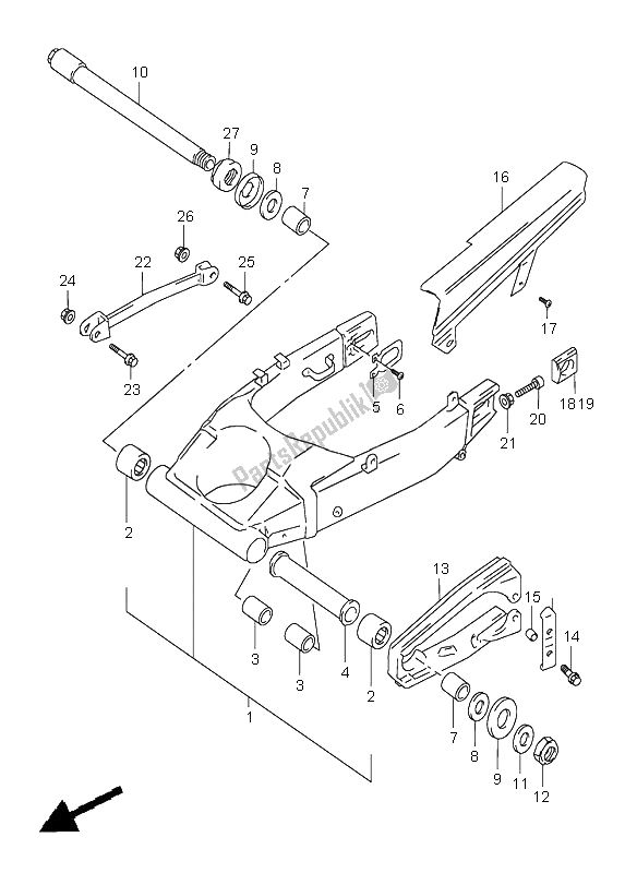 All parts for the Rear Swinging Arm of the Suzuki GSX R 600 1998