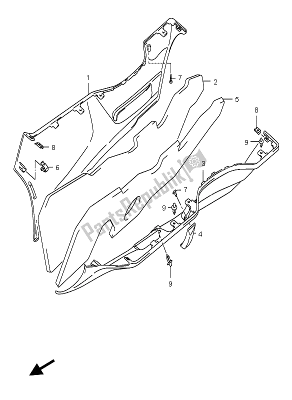 All parts for the Side Leg Shield of the Suzuki AN 650A Burgman Executive 2005