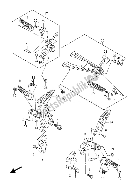 All parts for the Footrest of the Suzuki GSX R 1000 2014