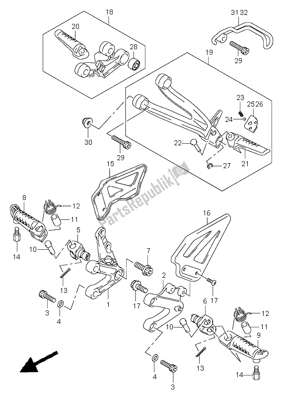 All parts for the Footrest of the Suzuki GSX R 750 2002