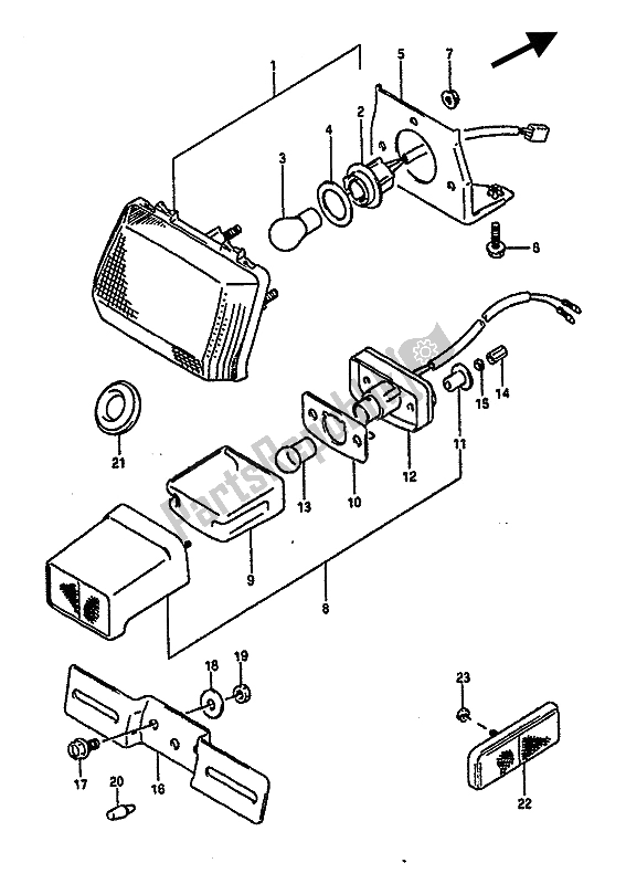 Todas as partes de Lâmpada Traseira E Lâmpada De Licença (e2-e4-e15-e16-e18-e21-e22-e24-e25-e34-e39-e53) do Suzuki GSX R 1100 1990