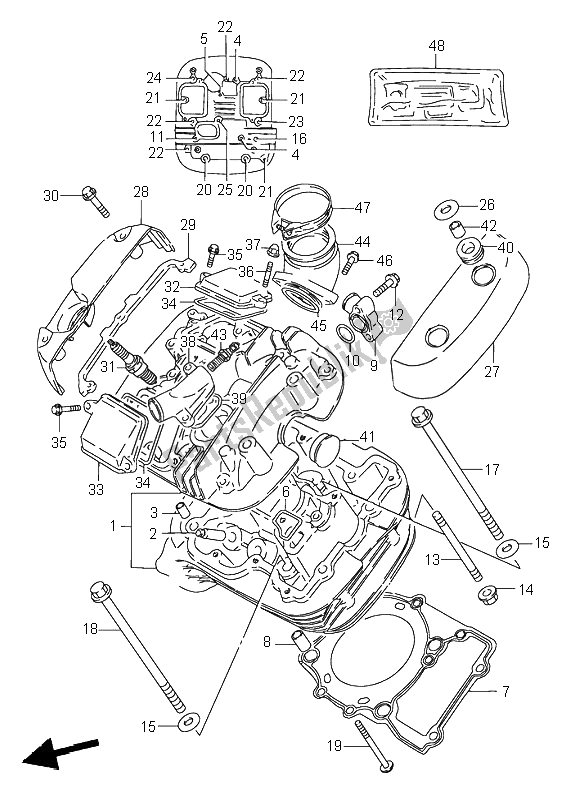 All parts for the Cylinder Head (front) of the Suzuki VS 600 Intruder 1996