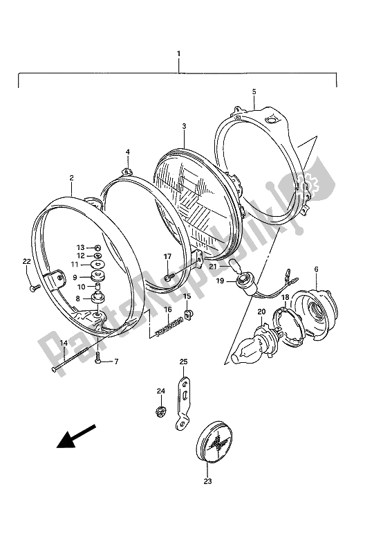 Alle onderdelen voor de Koplamp (e4-e15-e16-e17-e18-e21-e22-e25-e34-e39-e53) van de Suzuki GSX 1100G 1992