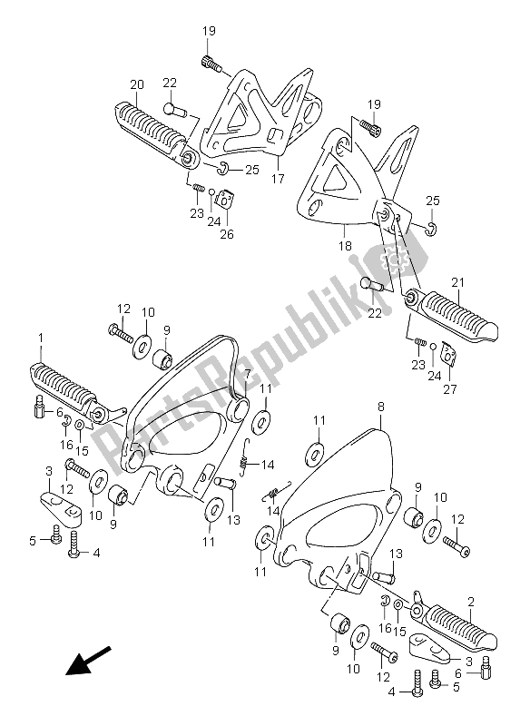 All parts for the Footrest of the Suzuki GSX 750F 2005