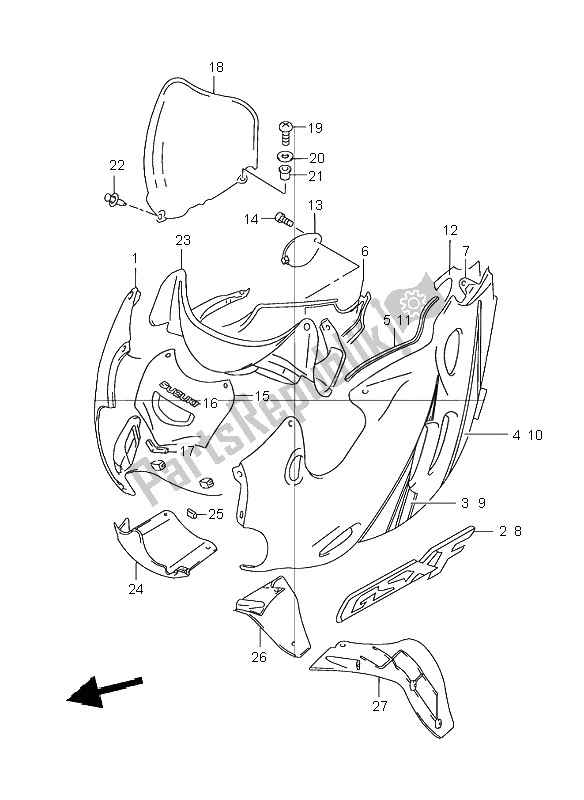 All parts for the Cowling Body of the Suzuki GSX 600F 2002