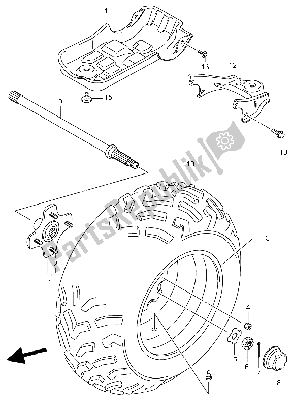 All parts for the Left Rear Wheel of the Suzuki LT A 500F Vinson 4X4 2002