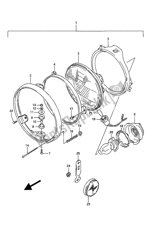 Alle onderdelen voor de Koplamp (e4-e15-e16-e17-e18-e21-e22-e25-e34-e39-e53) van de Suzuki GSX 1100G 1991