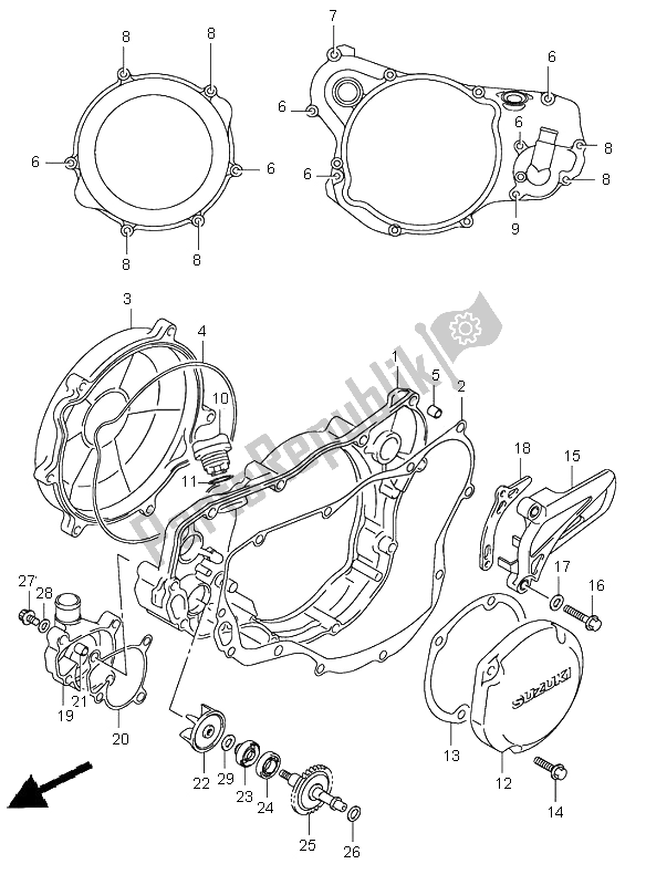 All parts for the Crankcase Cover & Water Pump of the Suzuki RM 250 2005