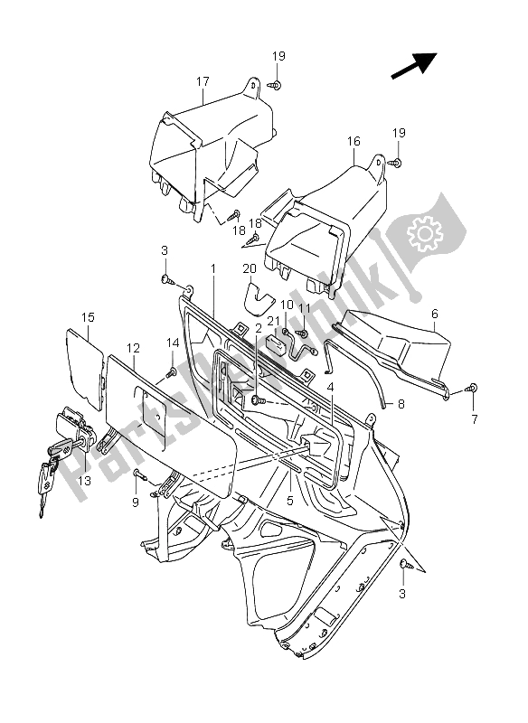 All parts for the Front Box of the Suzuki AN 650A Burgman Executive 2005