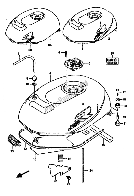 All parts for the Fuel Tank of the Suzuki GSX R 750 1988