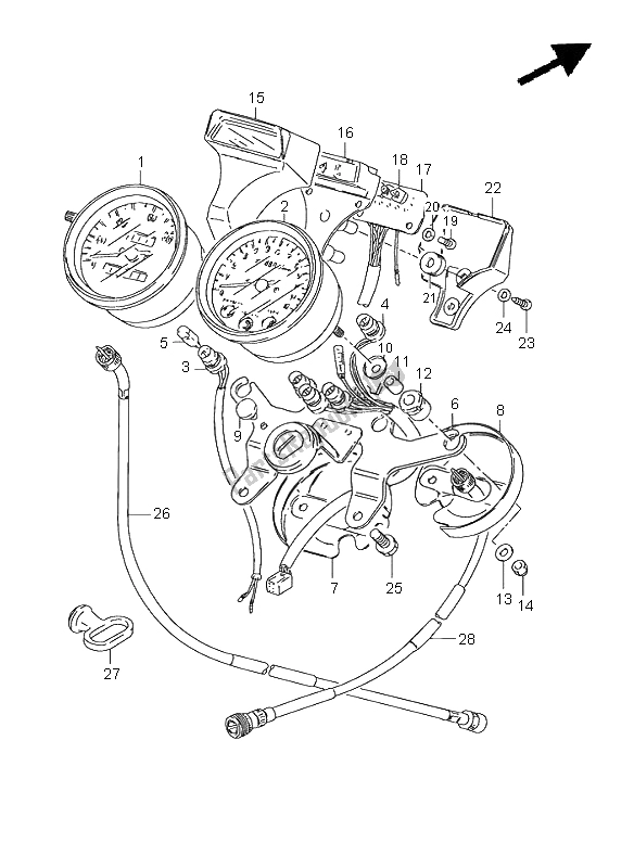 All parts for the Speedometer & Tachometer (e1-e30) of the Suzuki GN 125E 2001