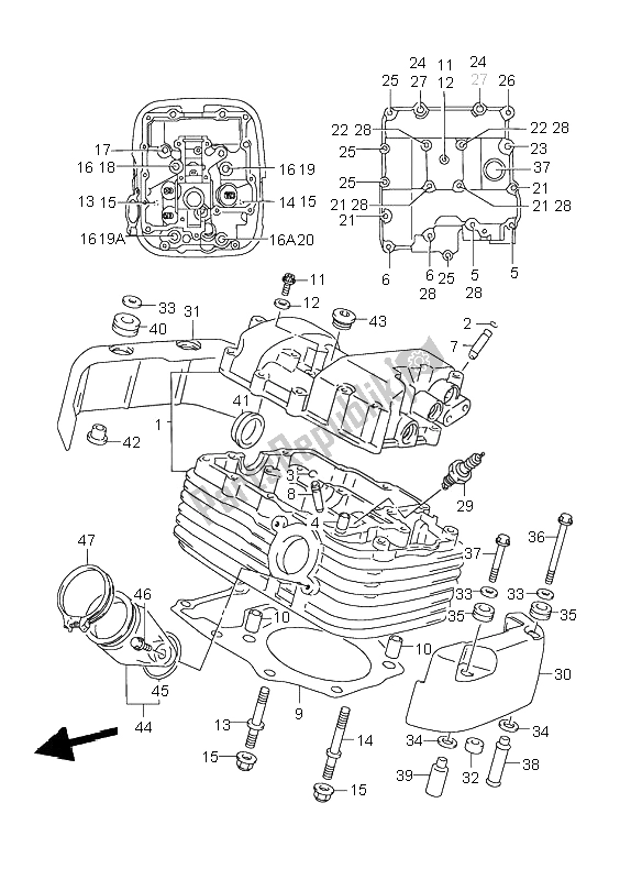 Alle onderdelen voor de Cilinderkop (achter) van de Suzuki VL 1500 Intruder LC 2001