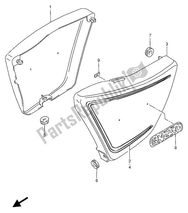 Alle onderdelen voor de Frame Afdekking van de Suzuki GN 250 1990