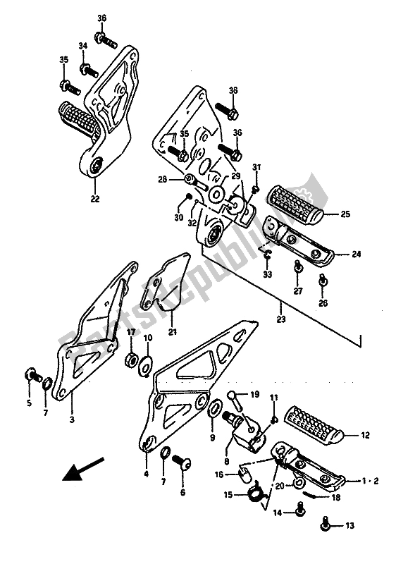 All parts for the Footrest of the Suzuki GSX R 1100 1990