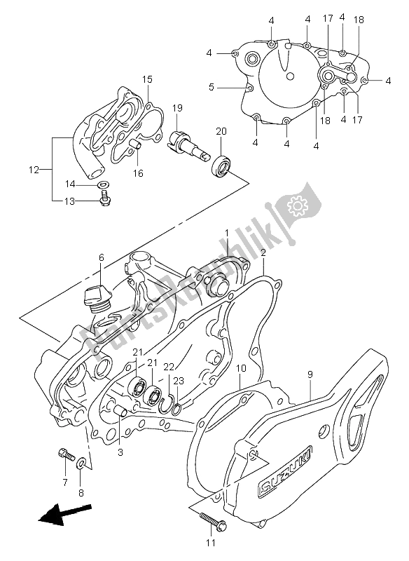 All parts for the Crankcase Cover & Water Pump of the Suzuki RM 80 2000