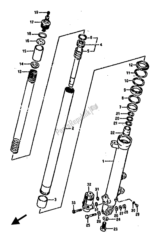 All parts for the Front Left Damper of the Suzuki RG 500 Gamma 1986