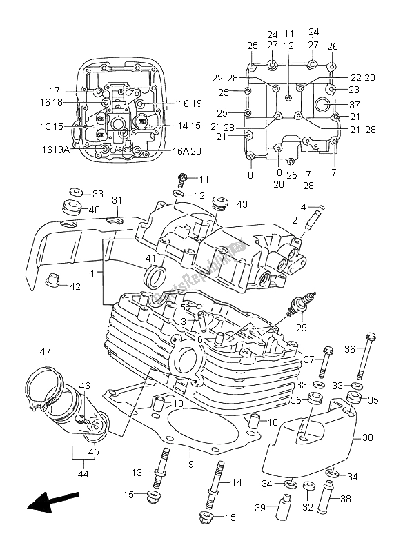 Alle onderdelen voor de Cilinderkop (achter) van de Suzuki VL 1500 Intruder LC 2000