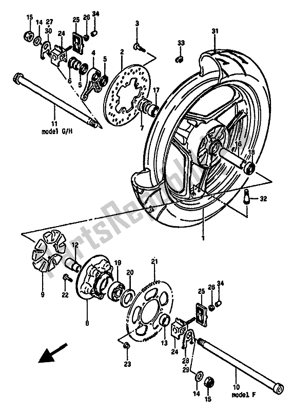 Alle onderdelen voor de Achterwiel van de Suzuki GSX R 750X 1986