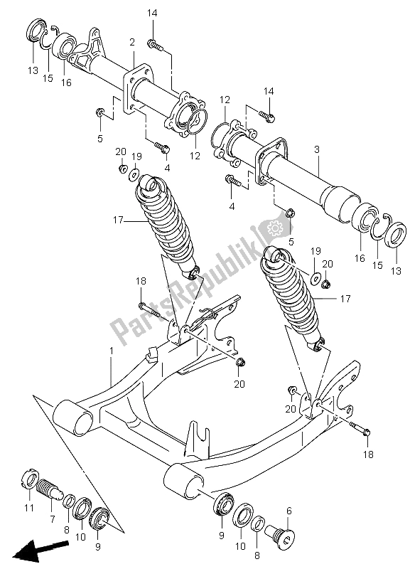 All parts for the Rear Swingingarm of the Suzuki LT A 500F Vinson 4X4 2002