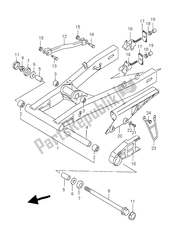 All parts for the Rear Swinging Arm of the Suzuki GSX 750F 2001